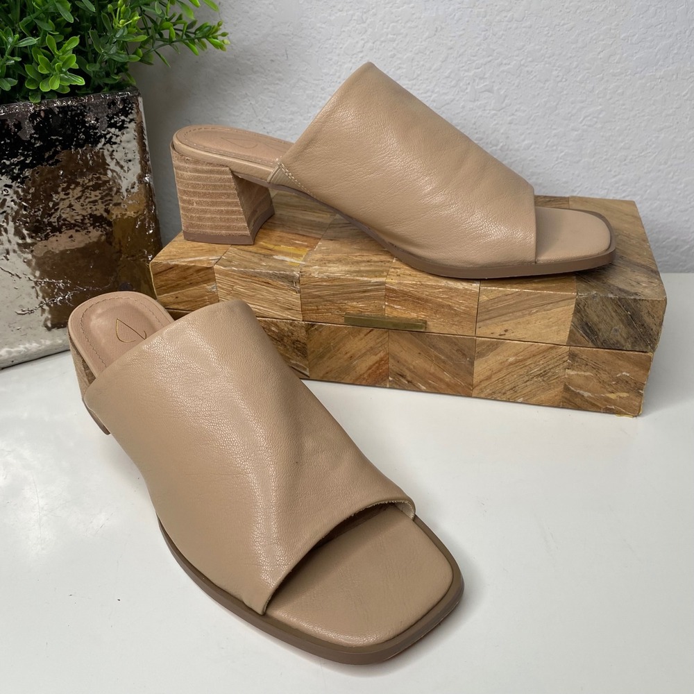 Joie Olympia Mules Block Heel Square Toe Light‎ Tan Faux Leather Size 8.5